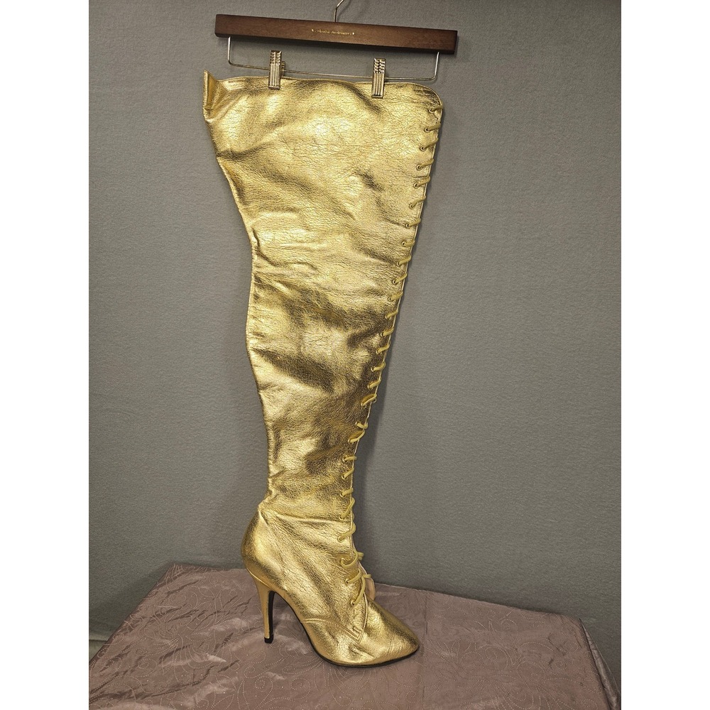 Womens Metallic Gold Thigh High Lace Up Stiletto Boots Pointed Toe Size 11